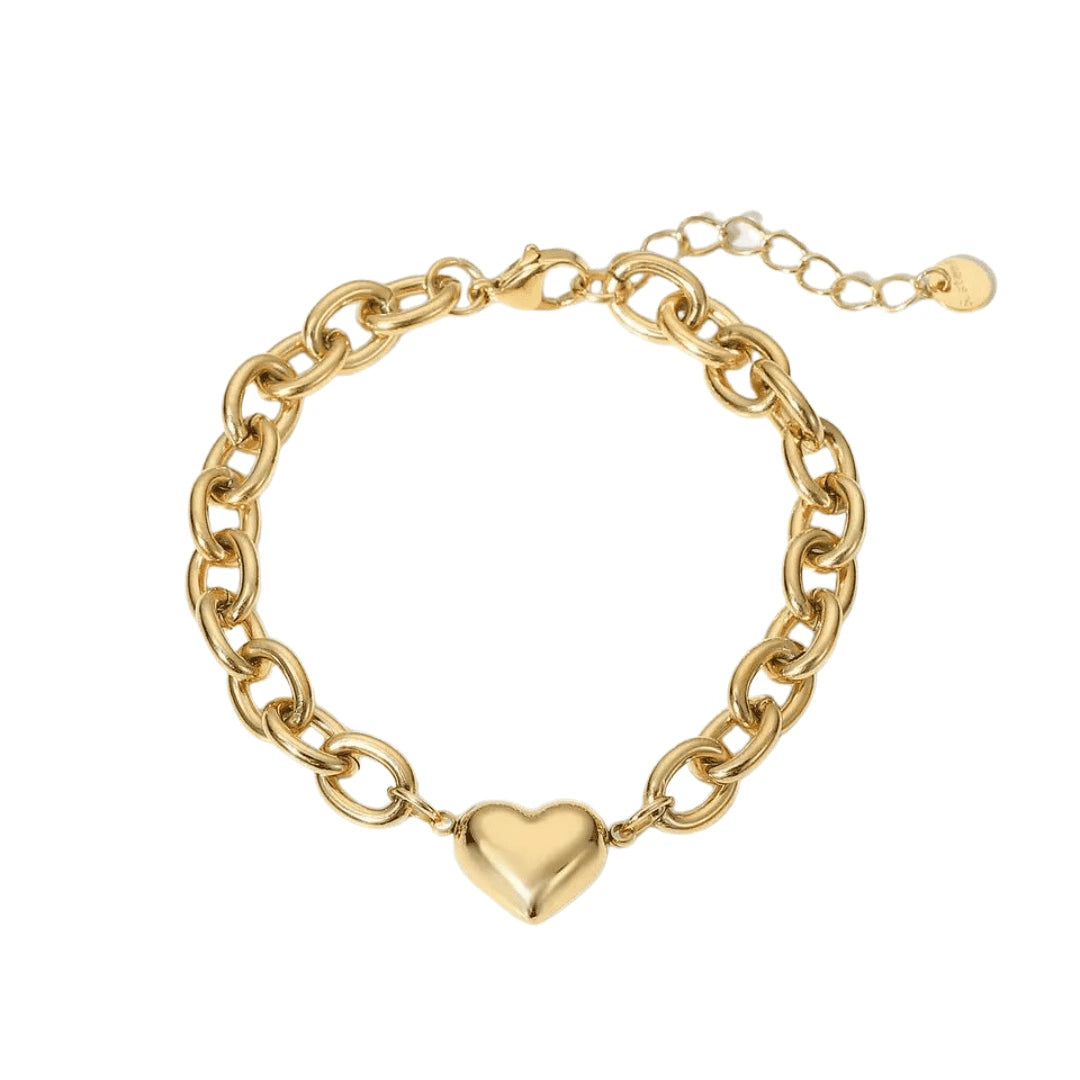 Gold link chain bracelet with heart charm, symbolizing love and elegance