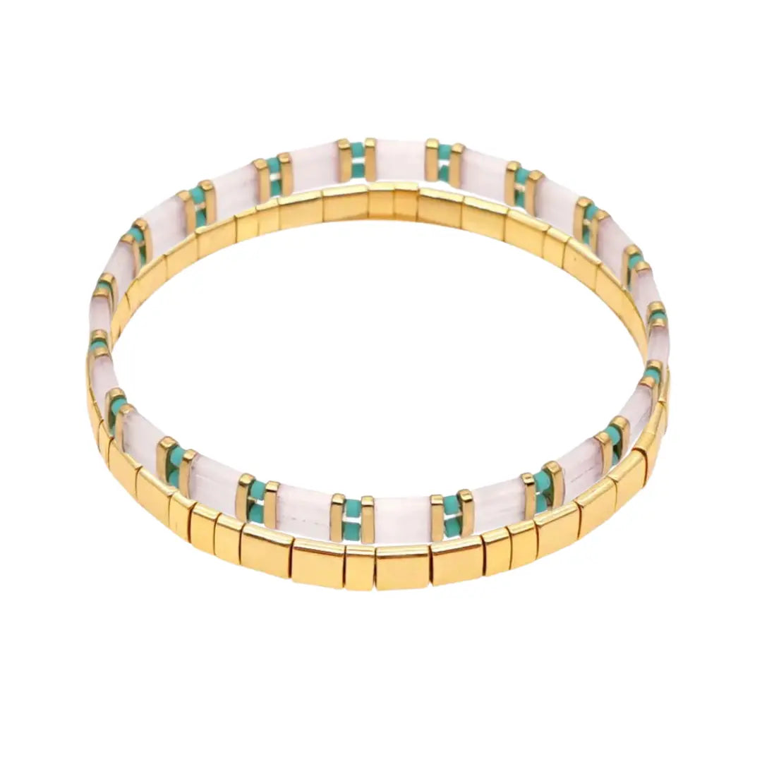 stacked tila bracelets gold bracelet and aqua and white and gold bracelet complimenting the gold bondi tila bracelet