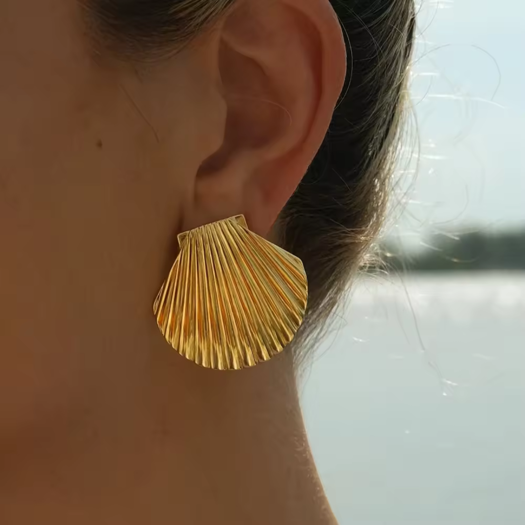 girl wearing Golden Seashell Stud Earrings