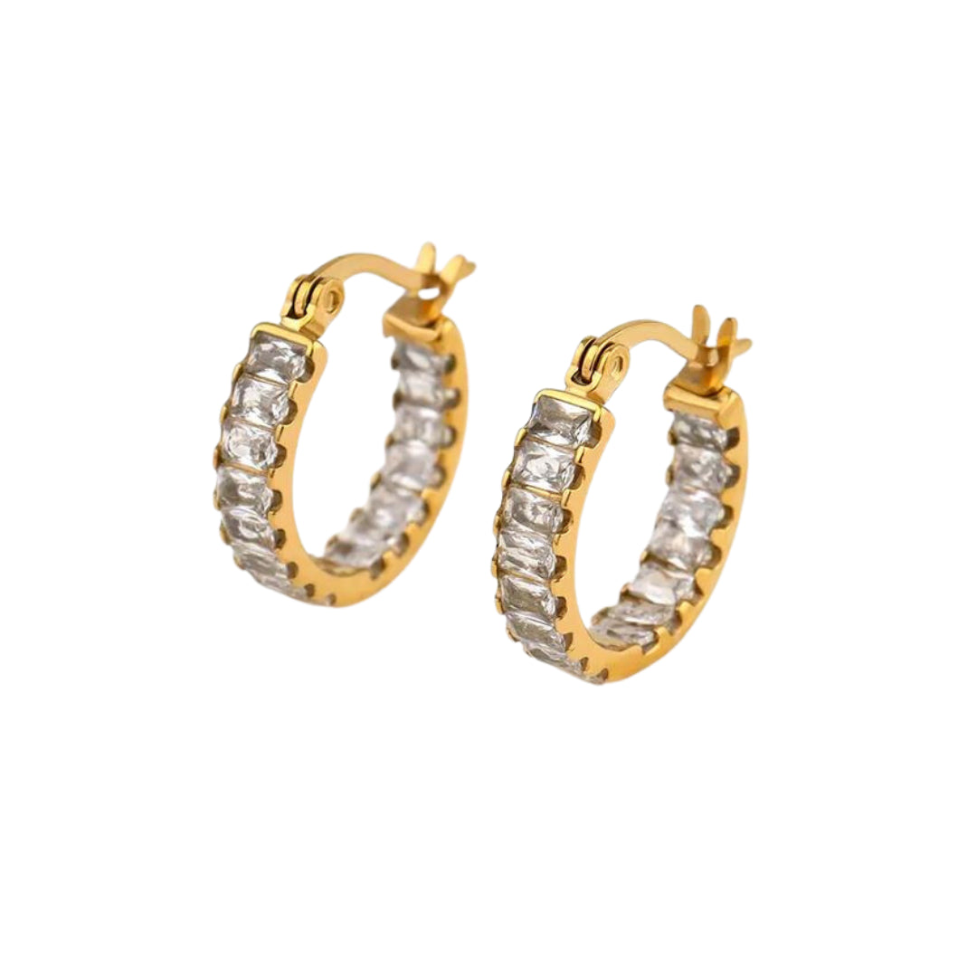 baguette zircon white stones set in gold hoop earrings