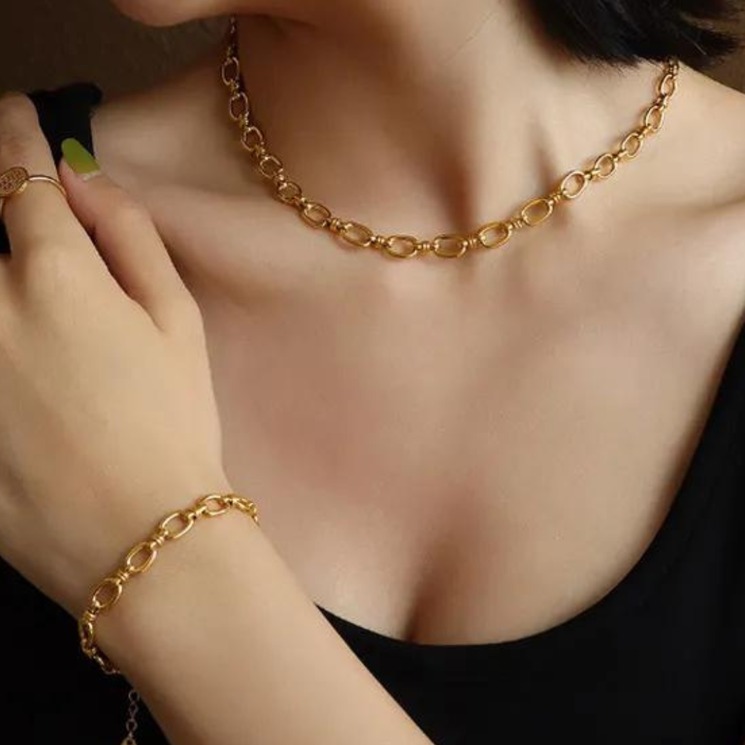 Trendy Stainless Steel 18k Gold Plated Oval Link Chain Choker Statement Necklace Bracelet Set for Women Jewelry