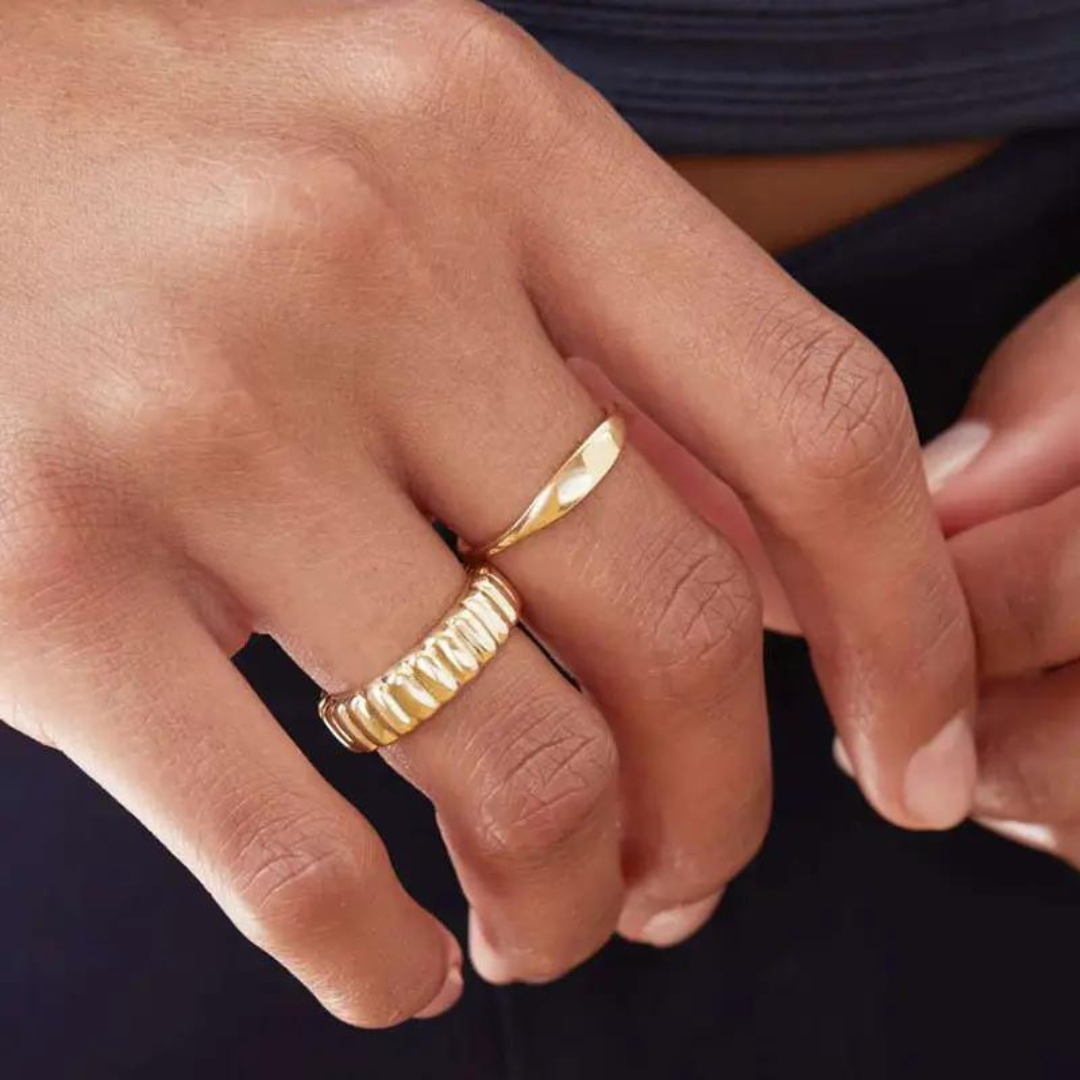 18K Gold Plated Chunky Croissant Dome Rings Women Stainless Steel Striped Ring 