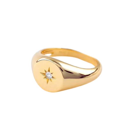 French Style Stainless Steel Jewelry 18K Gold Plated Dainty Starburst Ring Minimalist North Star CZ Diamond Signet Rings