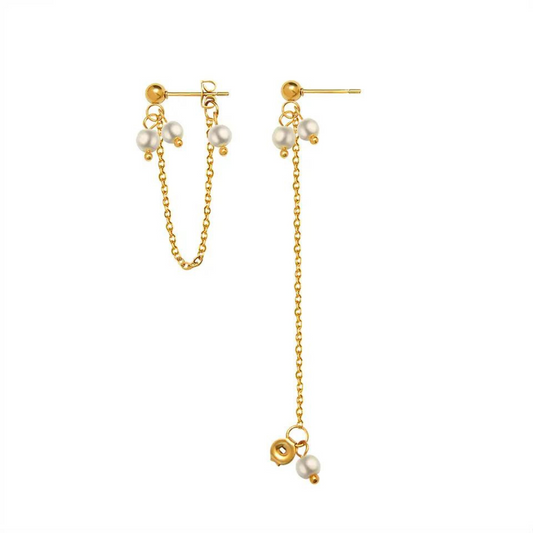 Trendy long thread stud earrings featuring baroque pearls and 18K gold-plated stainless steel for a stylish and elegant look."