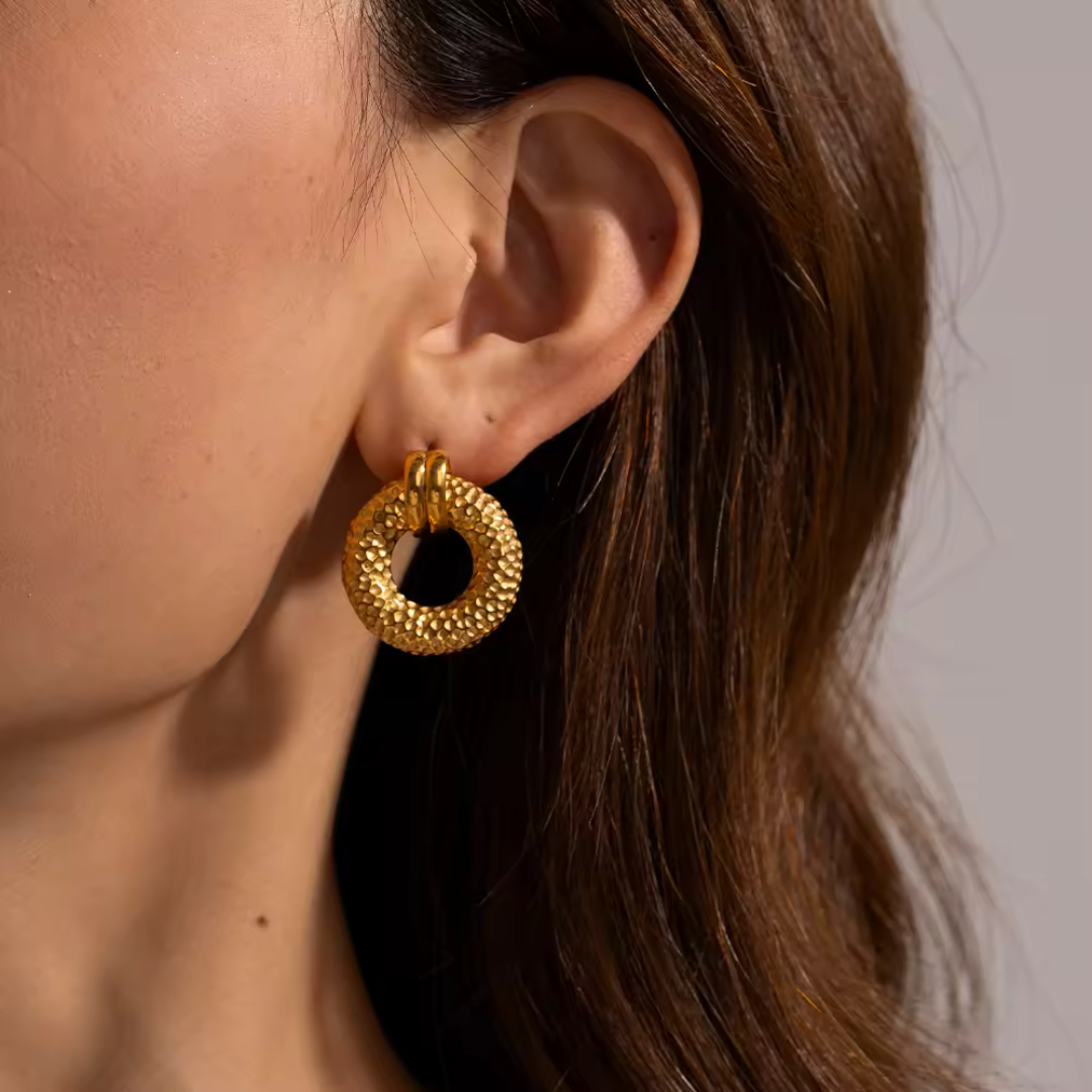 Girl wearing Solara Textured Gold Earrings