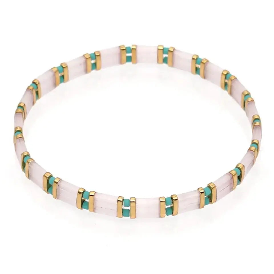 white aqua and gold tila tile bracelet