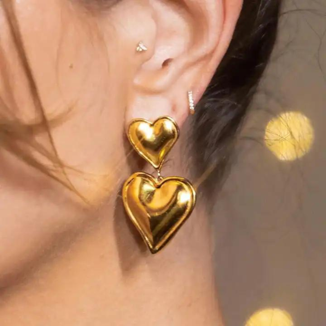 Double Heart Drop Earrings - Gold