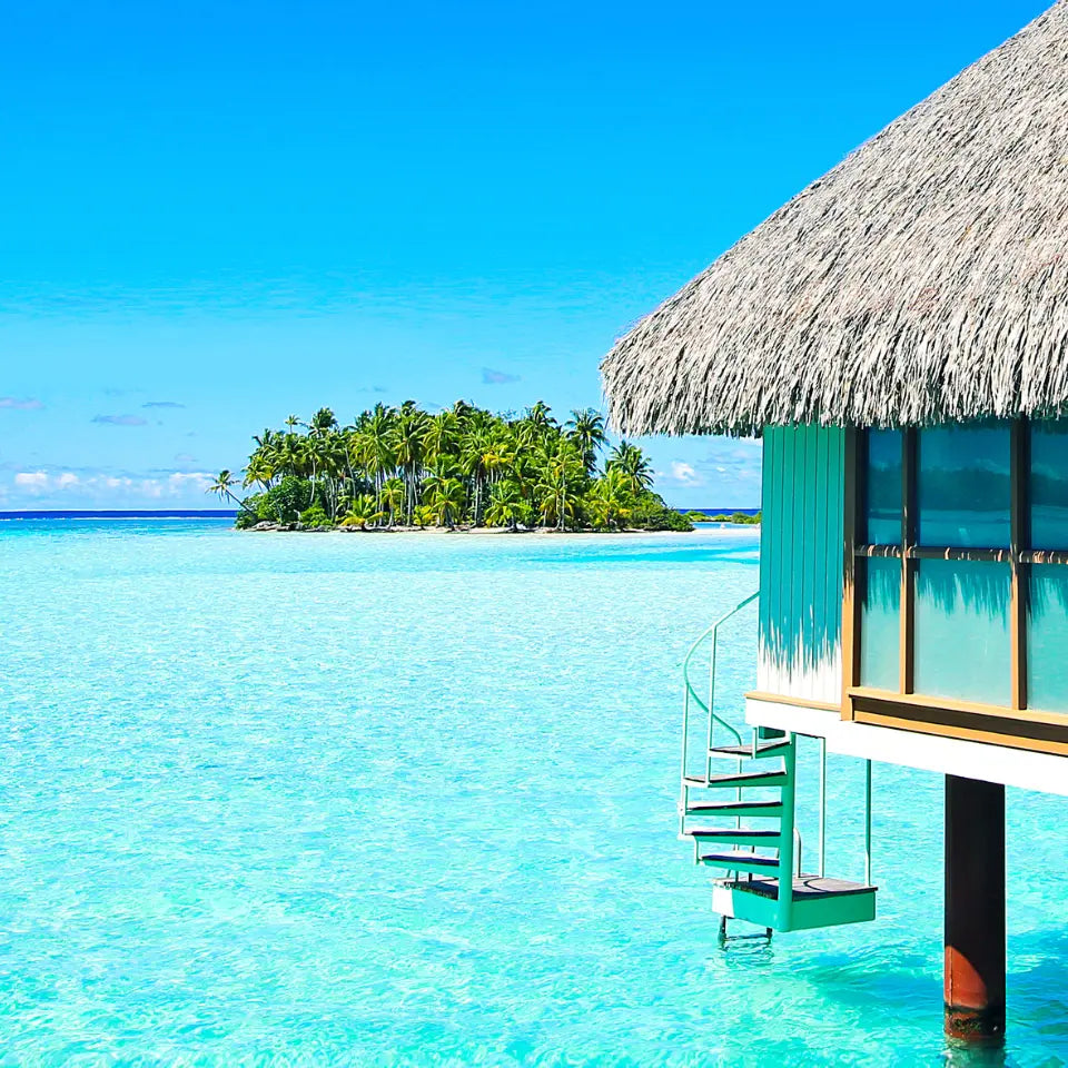 stunning bora bora island stilt room over aqua lagoon.