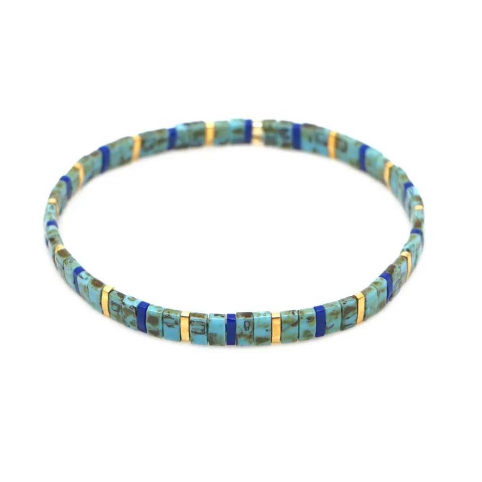 stretch elastic bracelet, shiny square glass beads of gold, aqua, blue and ocean colours