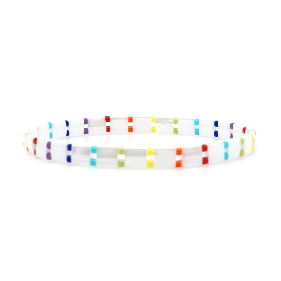 Inspired by the vibrancy of Santa Monica a beautiful glass tila beaded stretch bracelet,  White with colourful stripes.